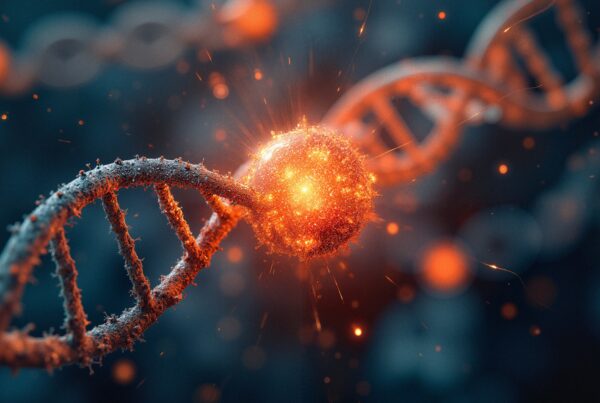 A glowing sphere interacts with a DNA strand, illustrating molecular fusion.