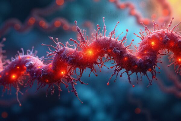 Close-up of a glowing, twisting bioluminescent organism with vibrant red filaments on a soft blue-orange gradient background.