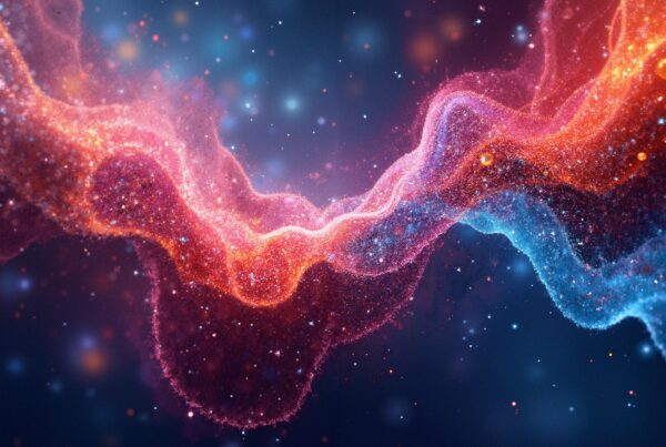 A cosmic swirl of vibrant colors and stars against a dark background, resembling a nebula in space.