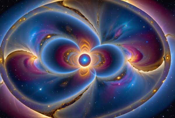 Abstract cosmic art with swirling colorful patterns and stars.