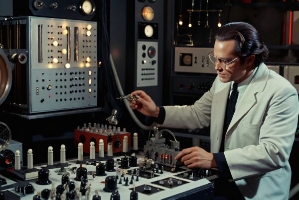 A scientist in a retro sci-fi lab adjusts intricate controls.