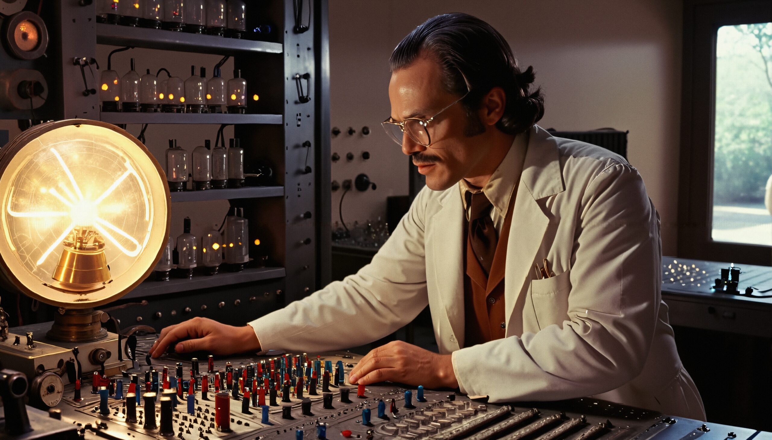 Retro Scientist Adjusting Control Panel