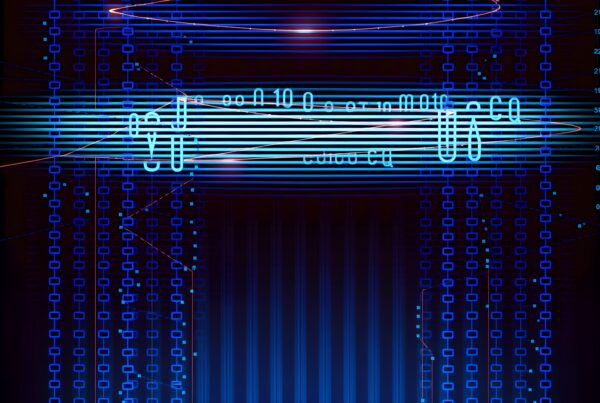 Futuristic digital interface with blue grid pattern, numbers, and symbols.