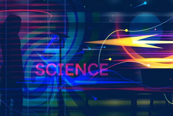 A colorful abstract science-themed digital artwork with dynamic motion and a thoughtful figure beside a microscope.