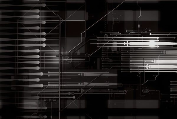 Abstract digital network design with dark background and intricate lines resembling a circuit pattern.