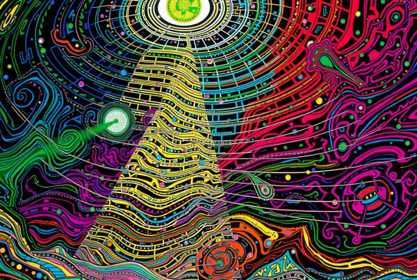 Vivid psychedelic artwork with colorful abstract patterns and cosmic themes.