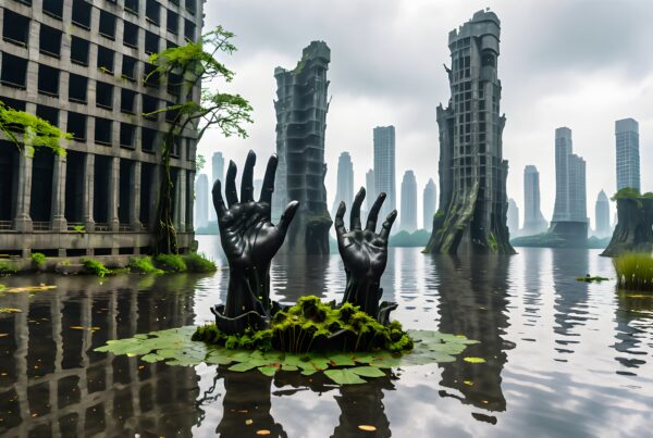 A surreal post-apocalyptic cityscape with nature reclaiming submerged buildings and giant hands emerging from water.