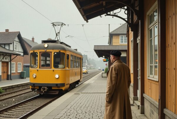 A man in a coat waits at a quaint station for a yellow tram.