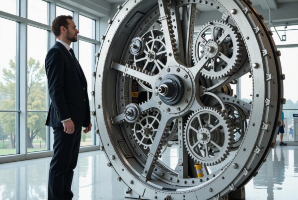 A man in a suit observes a giant mechanical structure with exposed gears in a modern gallery setting.