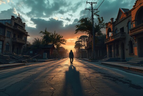 A solitary figure walks down a deserted street at sunset, with warm light casting long shadows across cracked pavement.