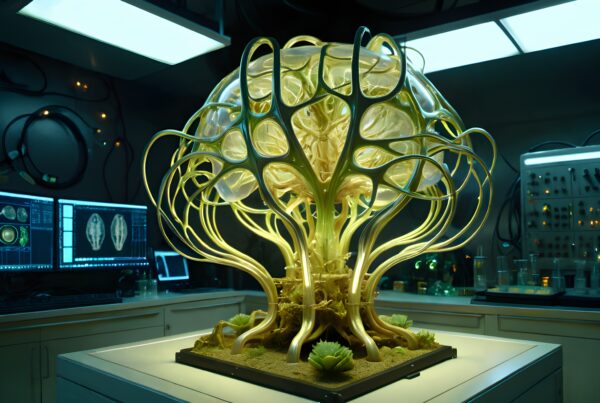 Futuristic lab with glowing bio-tree installation.