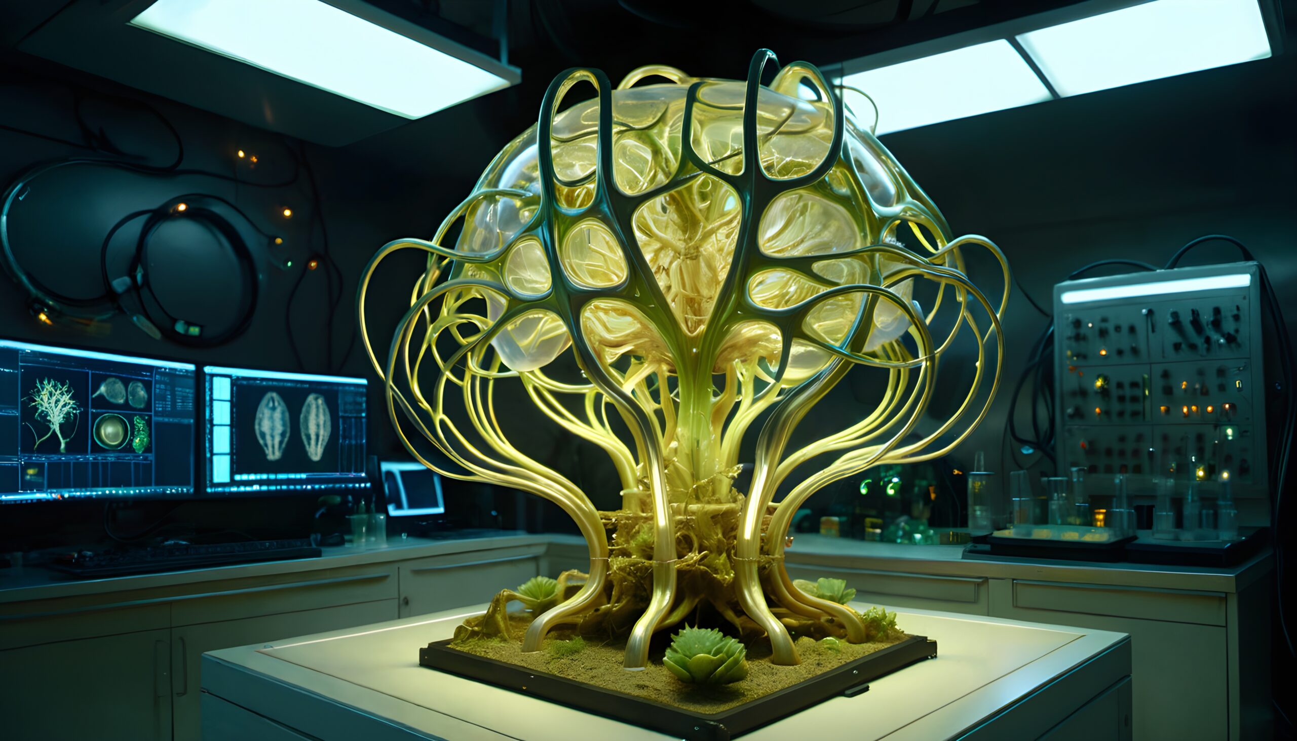 Futuristic Bioluminescent Tree Laboratory