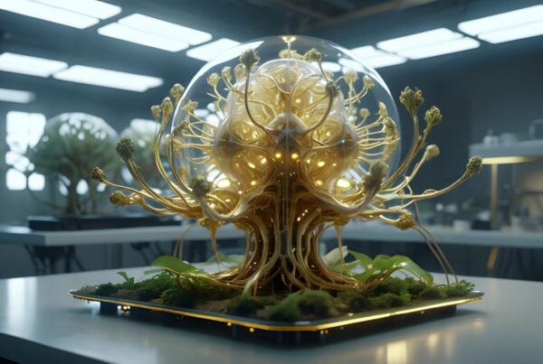A futuristic biomechanical structure with glowing elements displayed on a lab table, surrounded by moss and leaves.