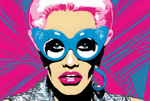 Glittering fashion icon wearing neon shades against explosive colorful backdrop