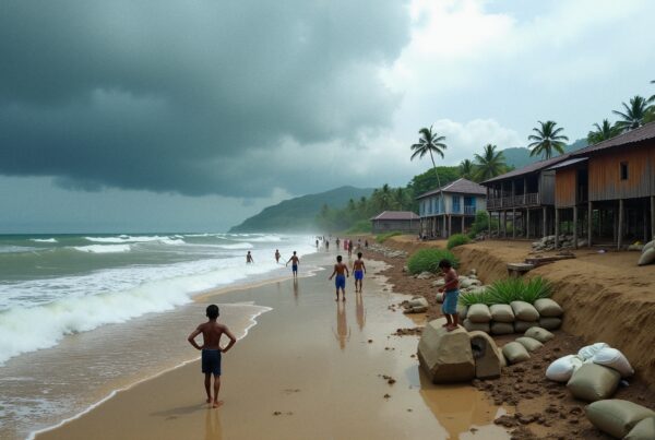 Tropical beach with kids playing amid storm clouds and protective sandbag barriers
