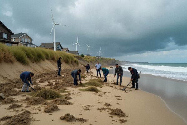 People planting grass on a beach with wind turbines in the background, emphasizing ecological restoration and renewable energy.