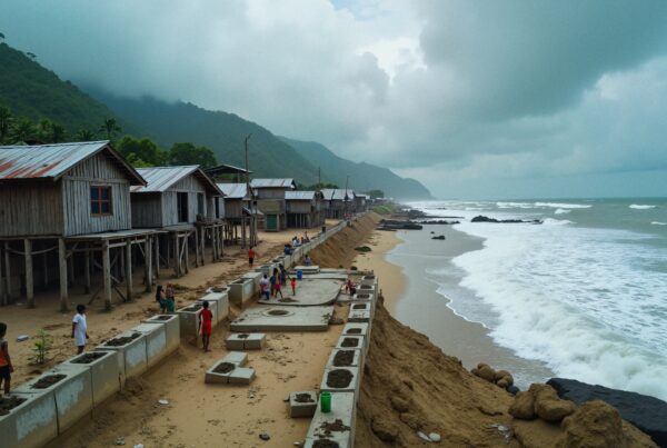 A coastal village with stilted wooden homes lining the beach as children play near concrete barriers under an overcast sky.
