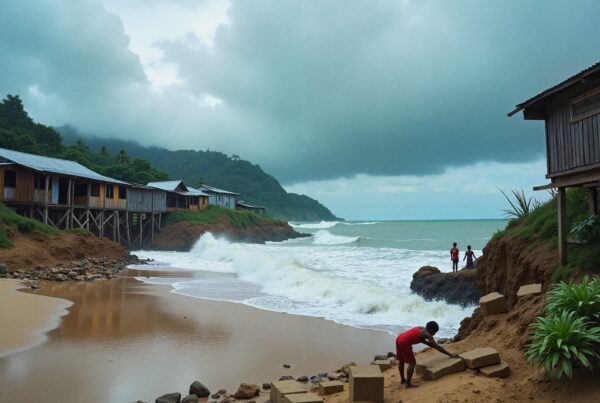 A child in red builds with blocks on a sandy beach beside stilted wooden houses, with waves crashing under a cloudy sky.