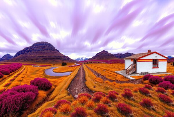 A white house stands amid vibrant magenta and orange fields with mountains and a winding river under a streaked sky.