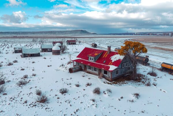 Aerial view of snow-covered farmhouse with red roof, surrounded by outbuildings and fields under a blue sky.