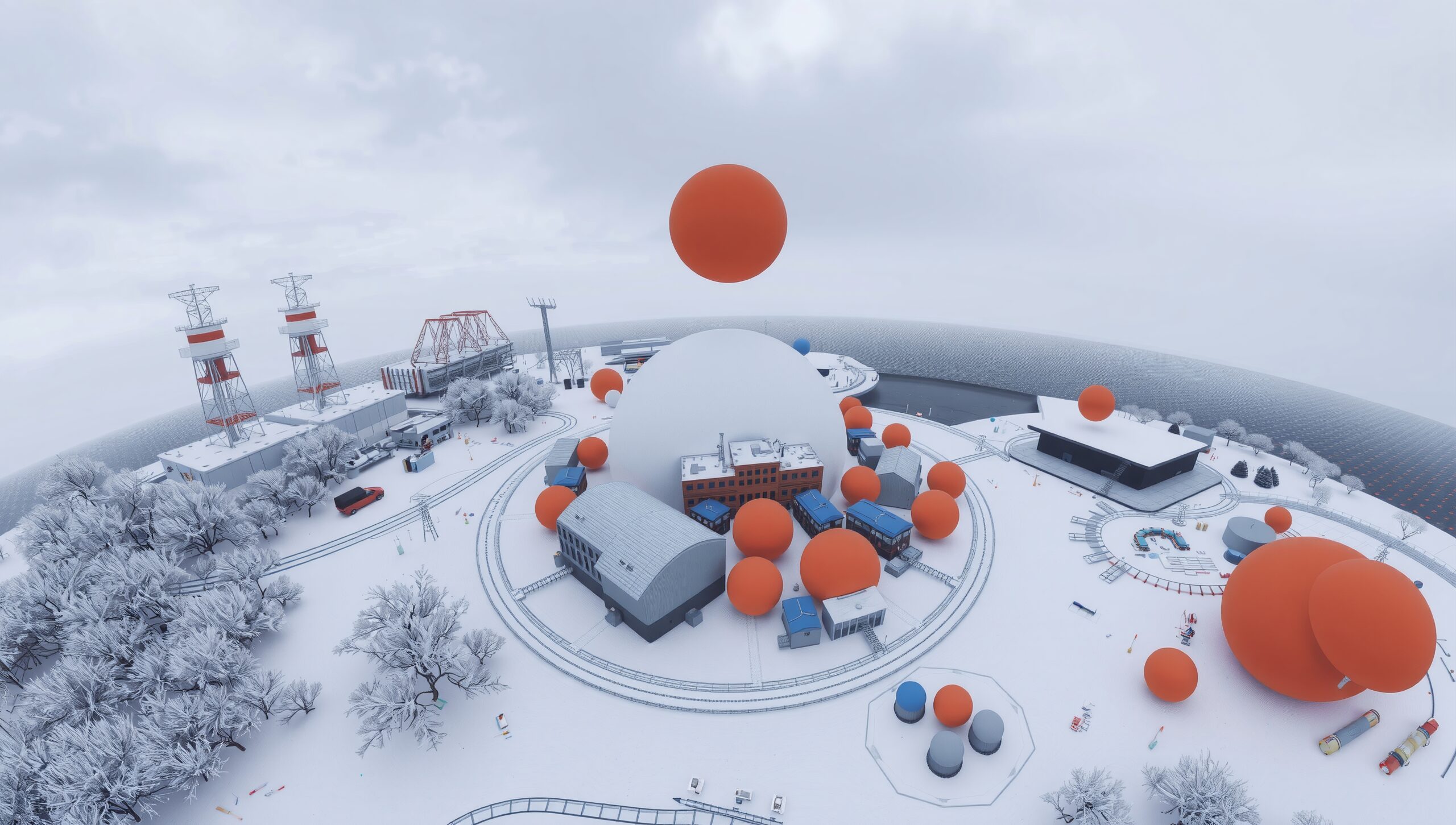 Snowy Landscape with Orange Spheres