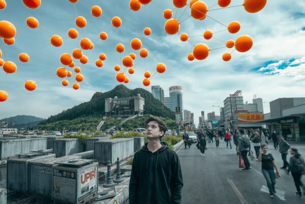 A young man gazes upwards at the suspended orange spheres in a bustling urban street, with high-rise buildings, hills, and a cloudy sky in the background.