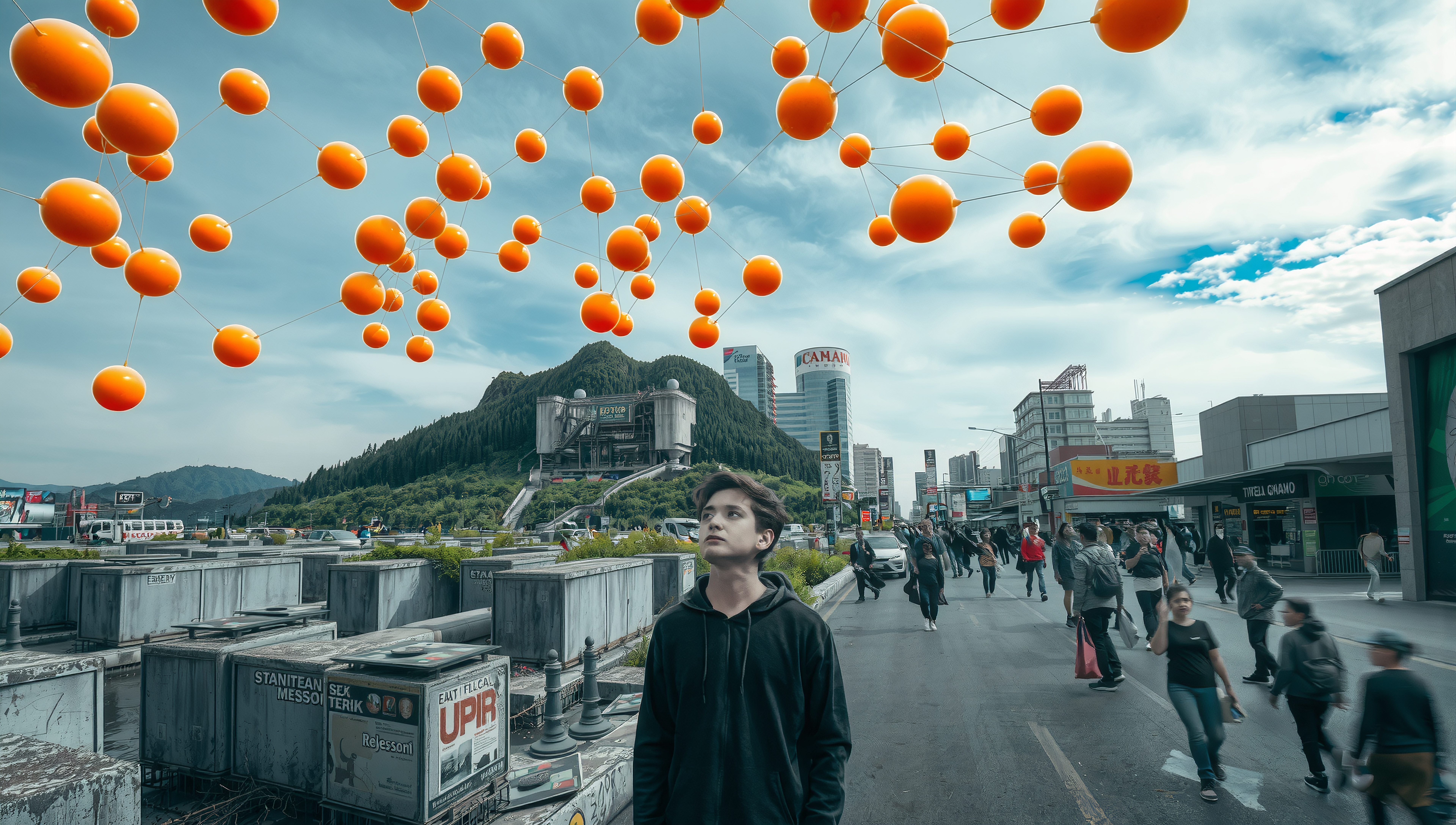 Floating Spheres Above Urban Scene