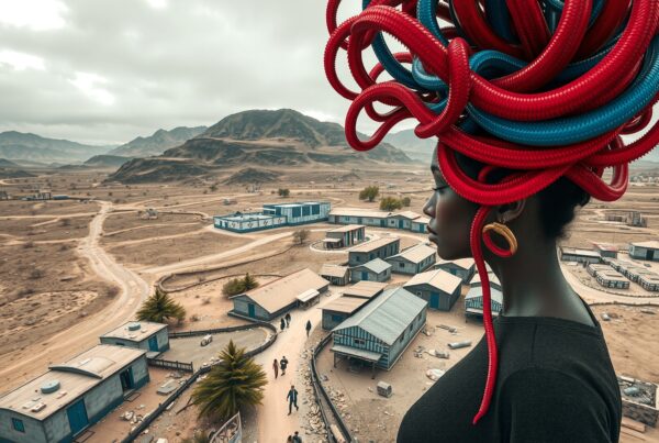 Woman with vibrant hose headpiece contrasting with desert landscape and distant mountains.