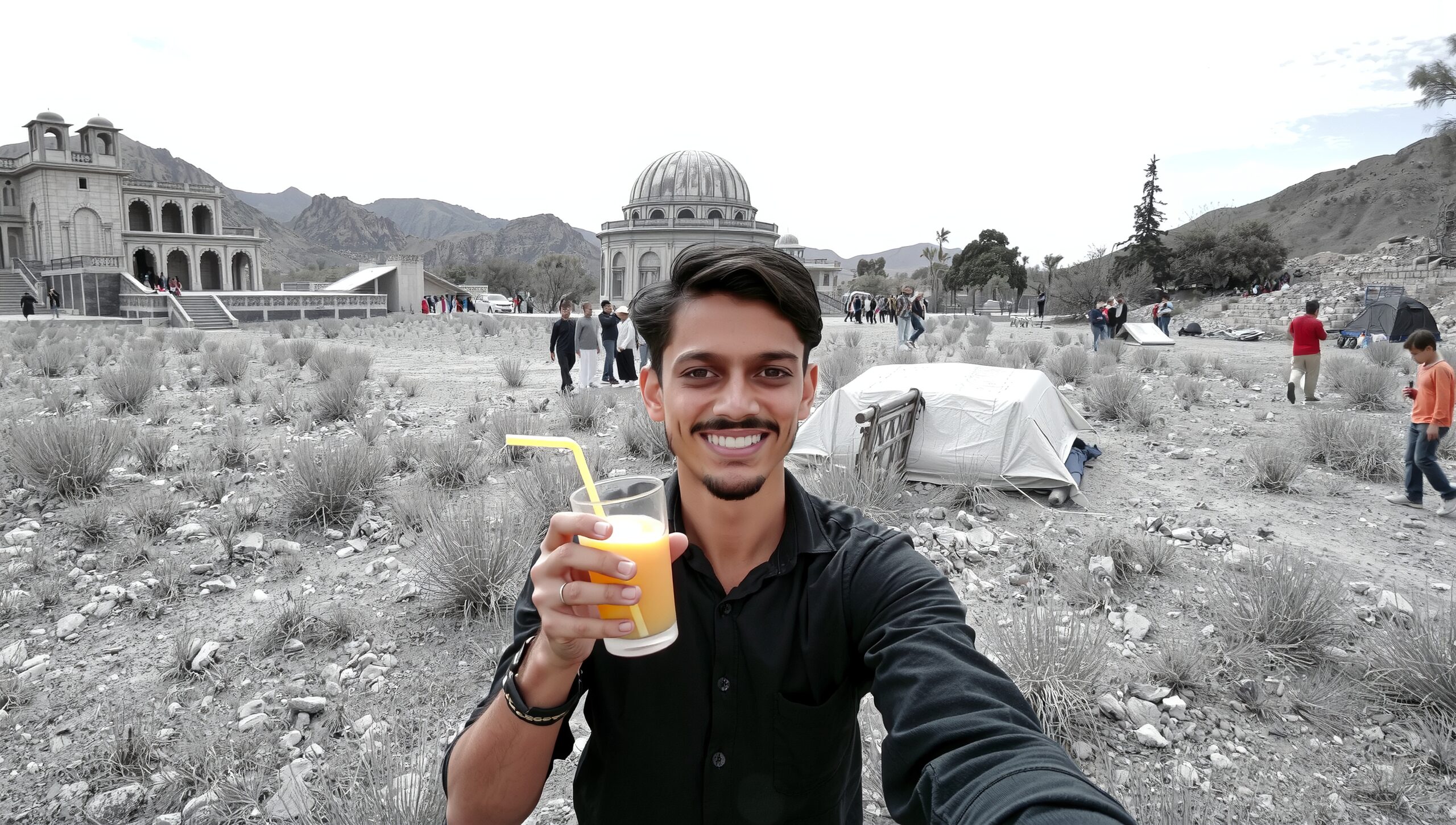 Happy tourist at historic site