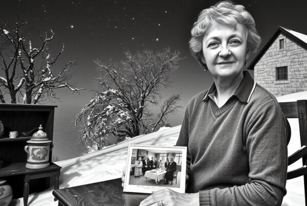 Serene winter night with a woman holding a framed photo, under a starry sky.