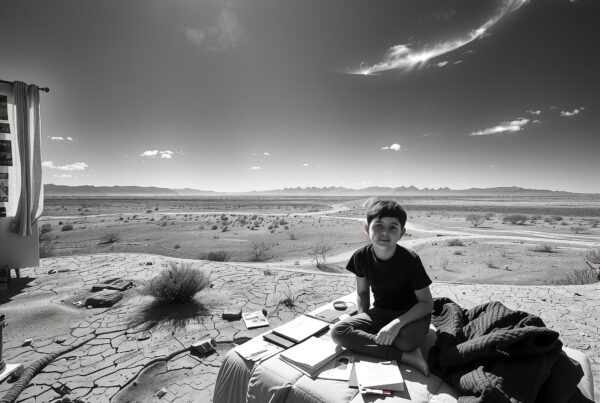 A child studies on a bed in a vast, dry desert under the bright sun.