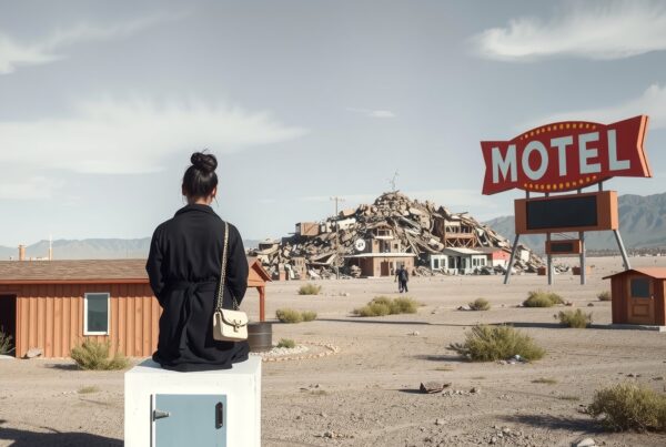 A woman sits in a barren desert landscape, gazing toward an abandoned motel sign and building ruins.