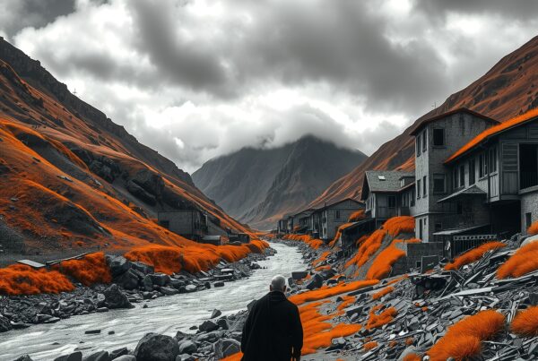 A lone figure walks through a desolate village with orange-tinted grass amidst mountainous landscapes and swirling clouds.