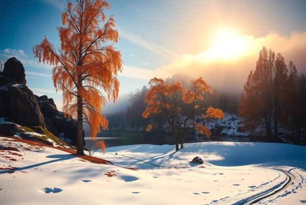 A snow-covered landscape with orange trees at sunrise.