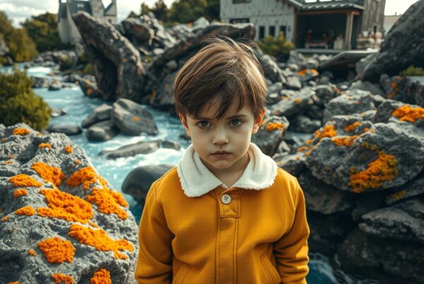 A young boy stands in a scenic rocky landscape with a river and rustic houses, wearing a yellow jacket.