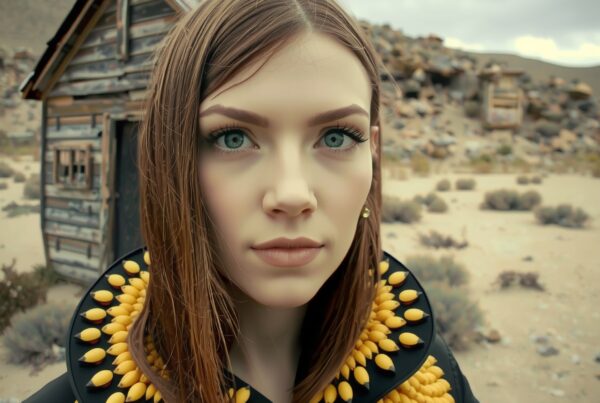 A young woman in a striking yellow and black jacket stands in front of a rustic desert cabin, showcasing a blend of fashion and wilderness.