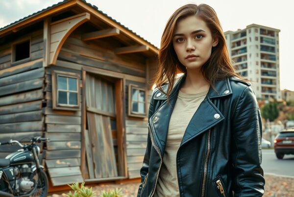 Young woman in a leather jacket stands confidently in front of a rustic wooden cabin with autumn leaves scattered around.