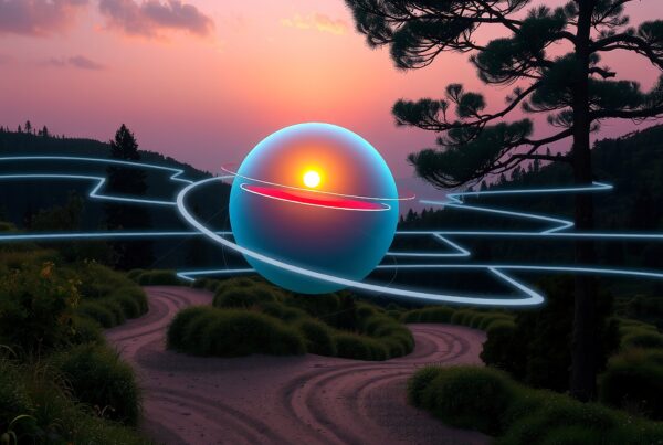 A surreal orb hovers over a winding dirt path amidst a lush landscape at sunset, blending nature with futuristic elements.