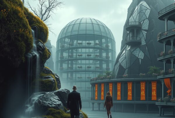 Futuristic scene with a glass dome, rock formations, and waterfall.
