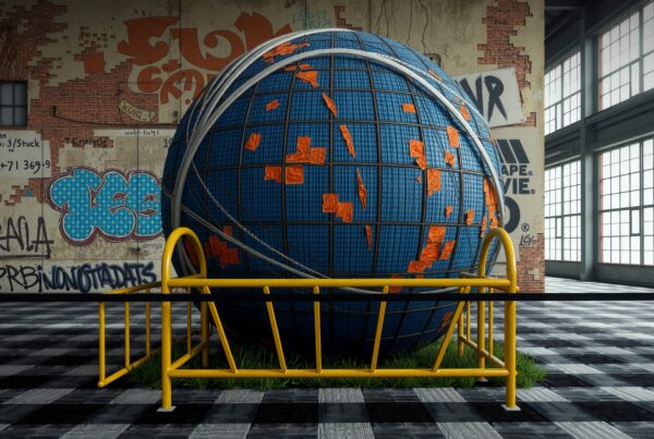 Large blue globe with graffiti and checkered flooring in industrial space.