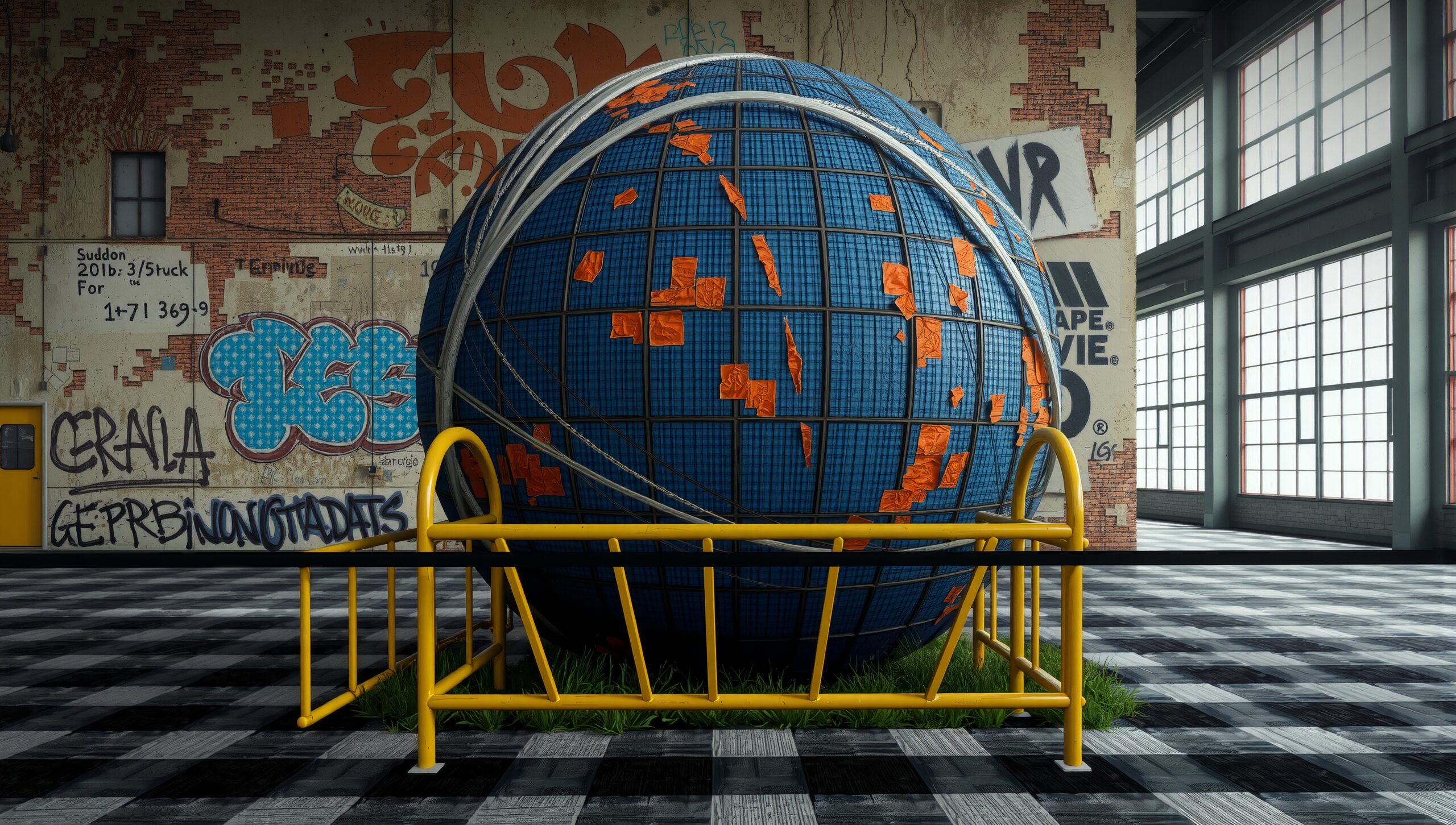 Industrial Globe Amidst Graffiti Walls