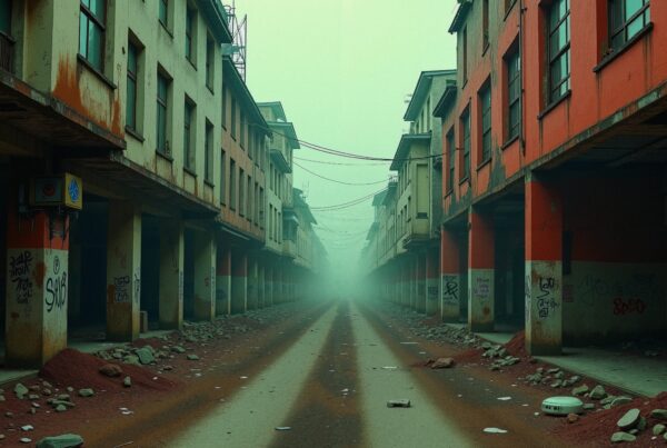 A misty, abandoned urban street scene with graffiti and debris.