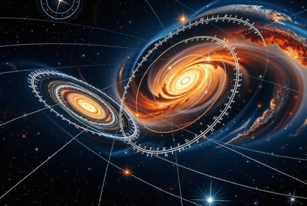 Spiral galaxies collide under starry sky