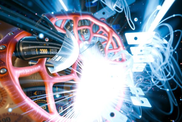 Futuristic mechanical design with bright energy center surrounded by pink structures.