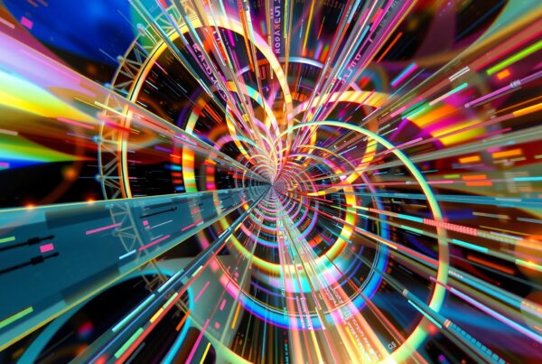 A vibrant, swirling digital tunnel with neon lights.