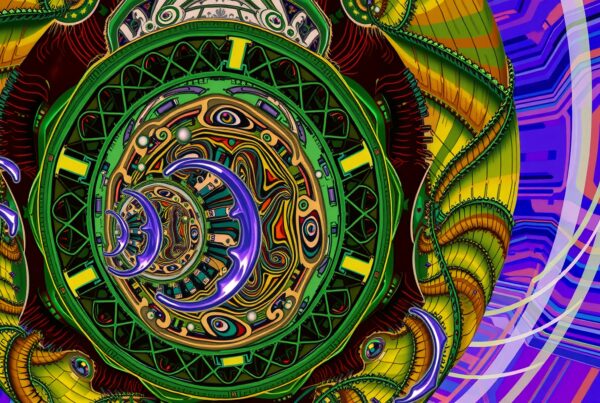 Surreal cosmic illustration with vibrant colors and abstract patterns.