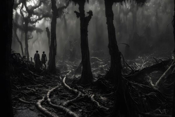 Eerie misty forest with twisting roots and two silhouettes.
