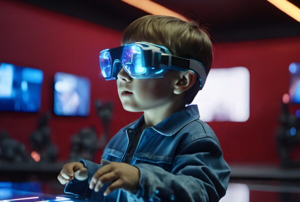 A young child explores virtual reality with futuristic technology at an interactive exhibit.