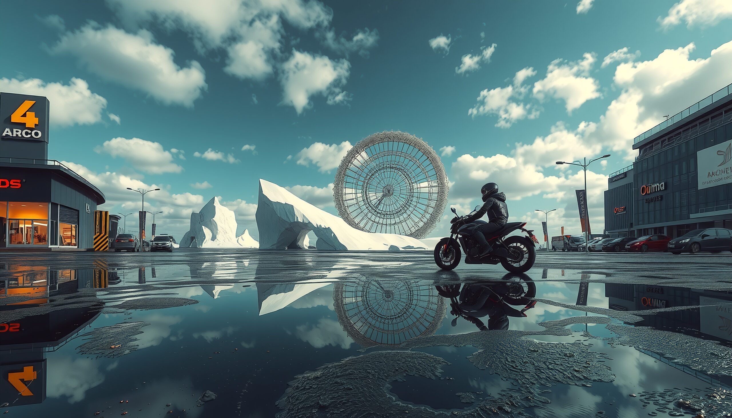 Motorcycle in futuristic wet cityscape