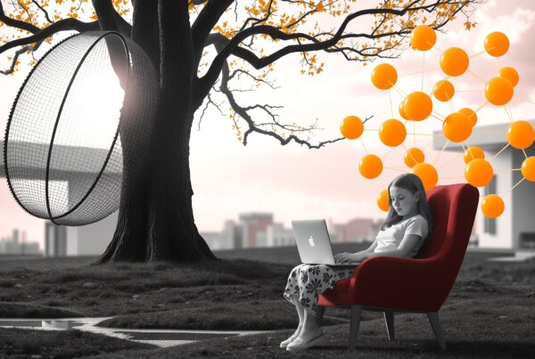 A girl lounges on a red chair under a tree with orange spheres, holding a laptop, suggesting digital connections.